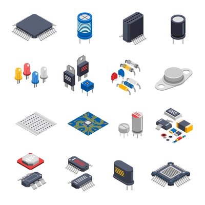 Isolated semiconductor electronic components isometric icons set with circuit board elements microprocessors electrolytic capacitors and microchips vector illustration