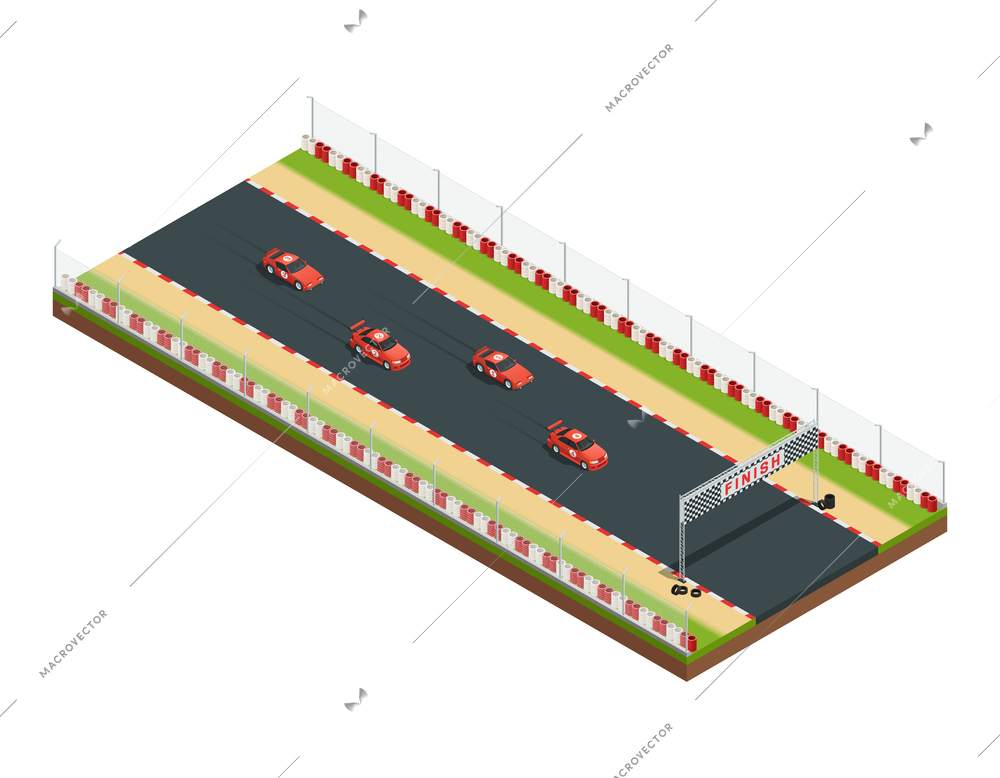 Car race track isometric composition with part of racing course with similar car images and flagging vector illustration