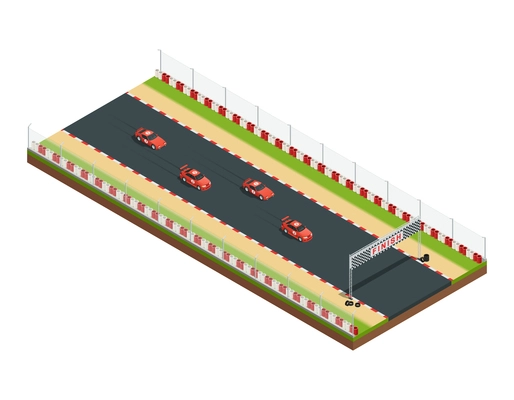 Car race track isometric composition with part of racing course with similar car images and flagging vector illustration
