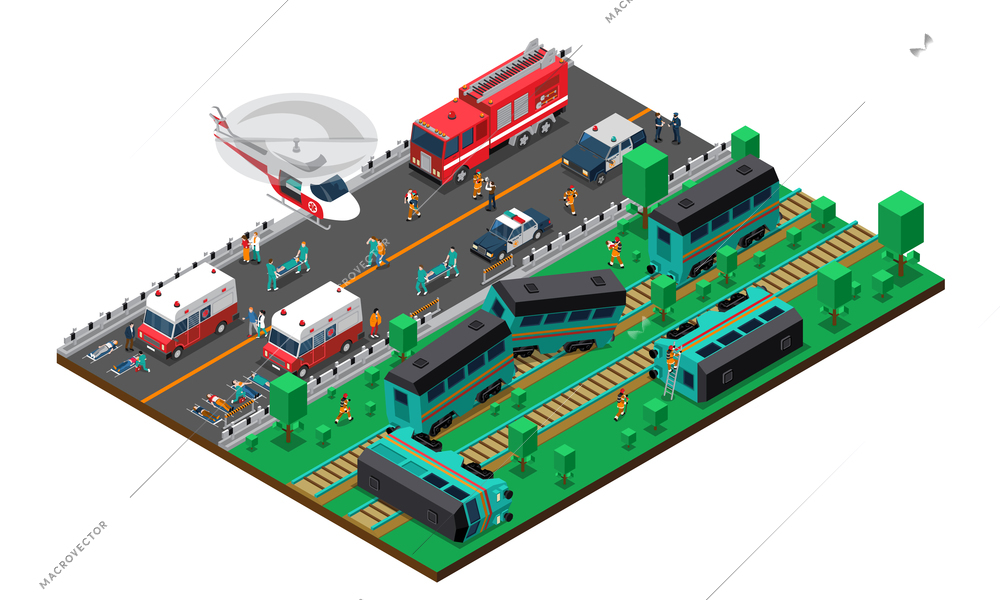 Train wreck isometric design with fire service and police ambulance and helicopter wounded persons vector illustration