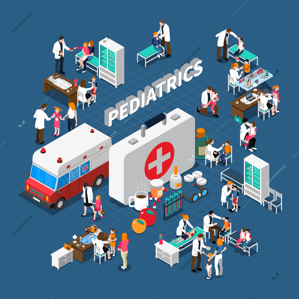 Pediatrics isometric composition with doctors and ill kids furniture medication and ambulance on blue background vector illustration