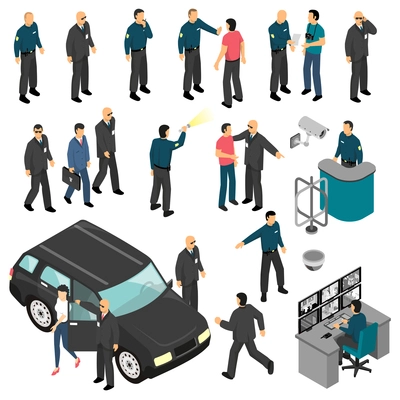 Security isometric set with personal guards and professional equipment checkpoint and surveillance system isolated vector illustration