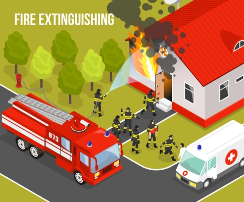 Colored fire department composition with situation fire extinguishing an apartment building and headline vector illustration