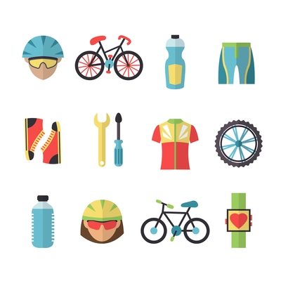 Bicycle sport fitness icons set with wheel clothes cyclist bottle isolated vector illustration