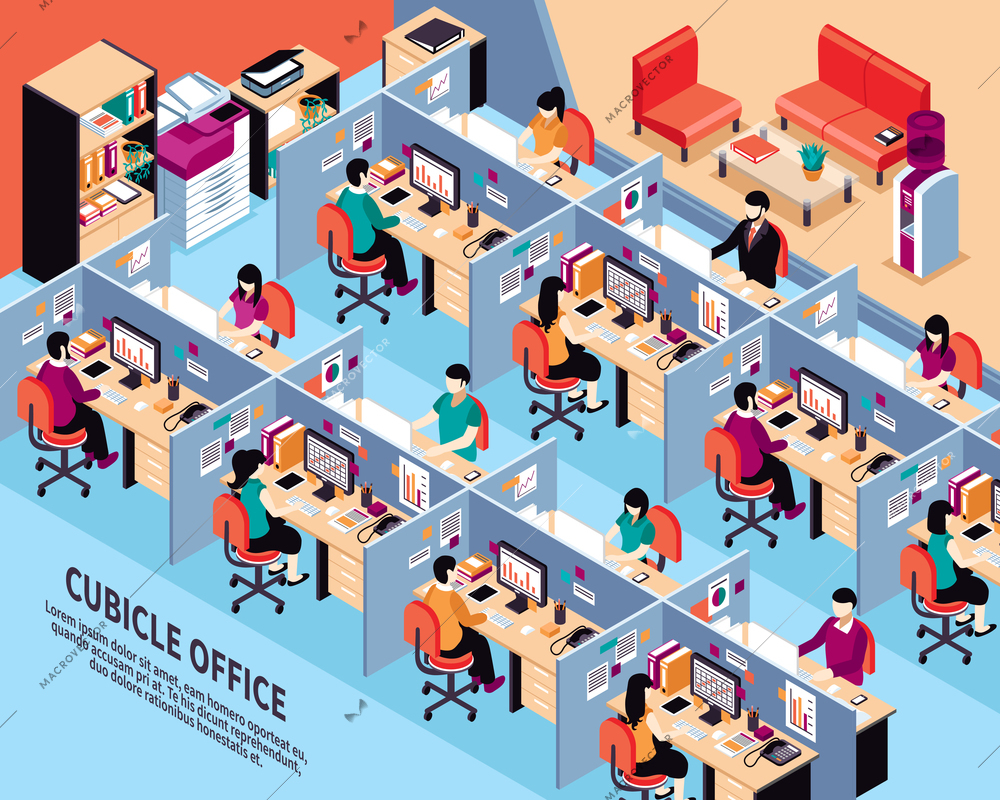 Office workplace isometric vector illustration with men and women working in cubicles at their desks vector illustration