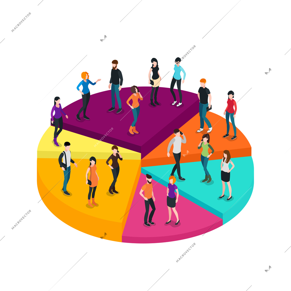 Business chart isometric concept with different people on colorful diagram platform isolated vector illustration