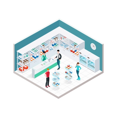 Pharmacy interior isometric composition with indoor apothecary counter shopboards and faceless characters of customers and druggist vector illustration