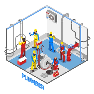 3d layout of plumber isometric people composition in color with repairing pipes and equipment set up in the basement vector illustration
