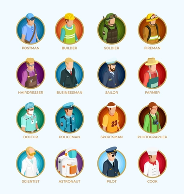 People avatar isometric set of different professions occupations and jobs isolated vector illustration