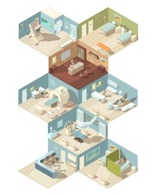 Hospital indoors isometric design concept set of reception ward operating room cabinet of functional diagnostics interiors vector illustration