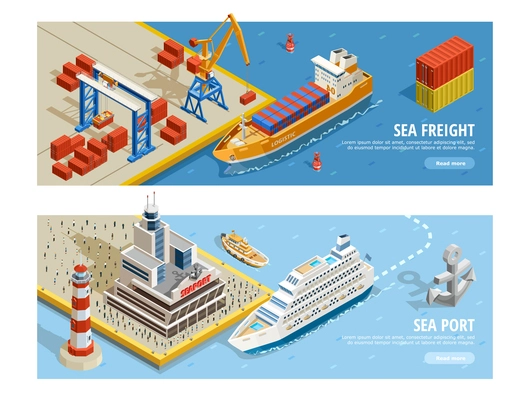 Sea transportation isometric horizontal banners with cruise and industrial ships containers crane passengers anchor lighthouse vector illustration