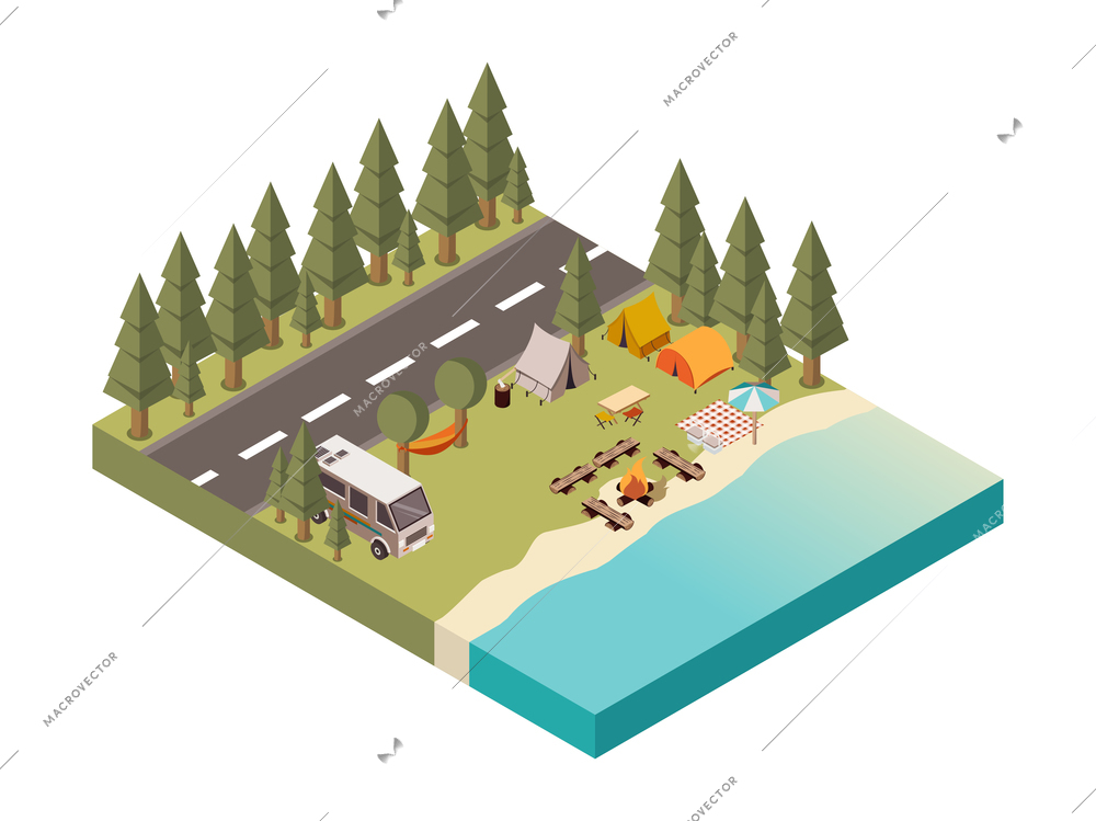 Camp between road and lake with tents and hammock bonfire on beach picnic blanket  isometric vector illustration