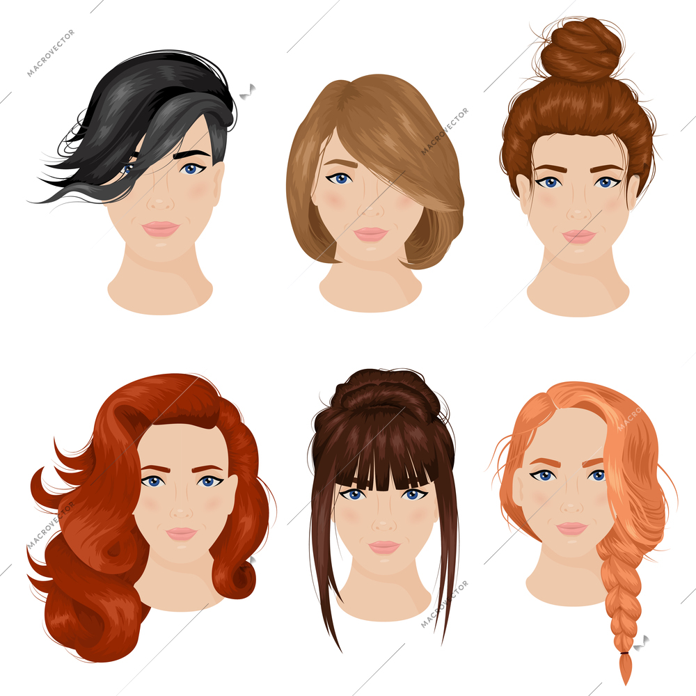 Easy cute hairdo ideas for long hair 6 icons collection with bun and plait isolated vector illustration