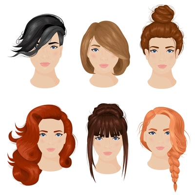 Easy cute hairdo ideas for long hair 6 icons collection with bun and plait isolated vector illustration