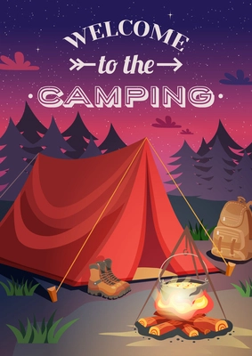 Camping vertical background poster with cartoon style composition shelter tent campfire at the set of sun vector illustration