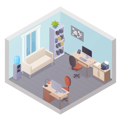 Isometric office interior with two workplaces stuff cabinet cooler table with printer and sofa for visitors vector illustration