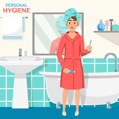 Hygiene cartoon style background with human character in bathrobe and turban modern bathroom interior flat images vector illustration