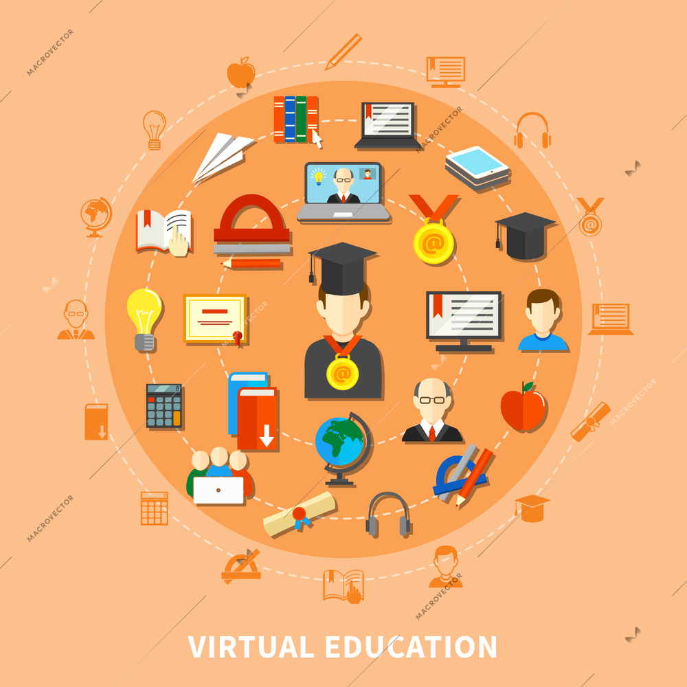 Virtual education flat composition with isolated icon set combined in big circle vector illustration