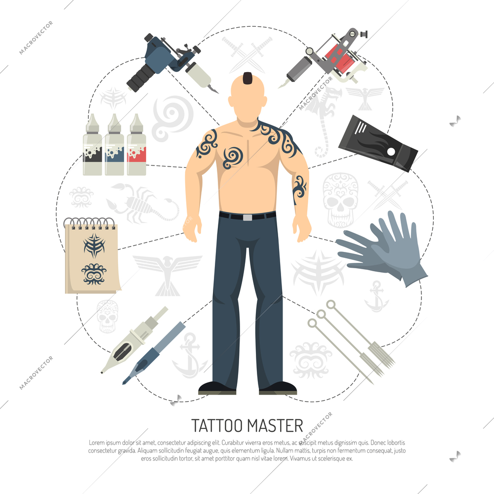Colored flat tattoo studio concept with tattooed man and tools around him vector illustration