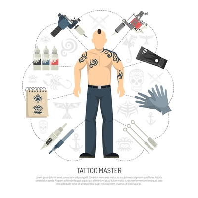 Colored flat tattoo studio concept with tattooed man and tools around him vector illustration