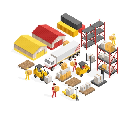 Warehouse logistics isometric concept with storage buildings and containers freight and employees forklifts and truck vector illustration