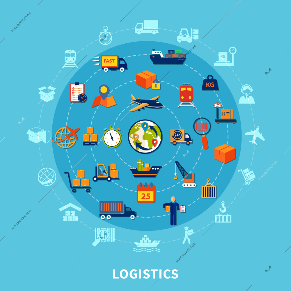 Logistic flat round composition with isolated icon set combined in big round vector illustration