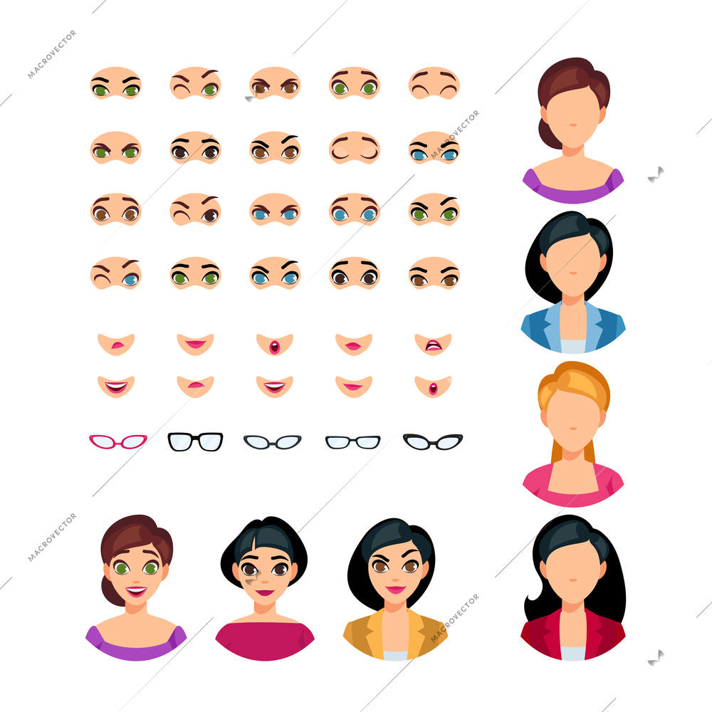 Girl face emotions constructor with eyes mouths glasses of different expressions isolated vector illustration