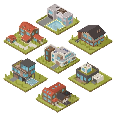 Isolated colored and isometric house icon set with piece of landscape and different types of houses vector illustration