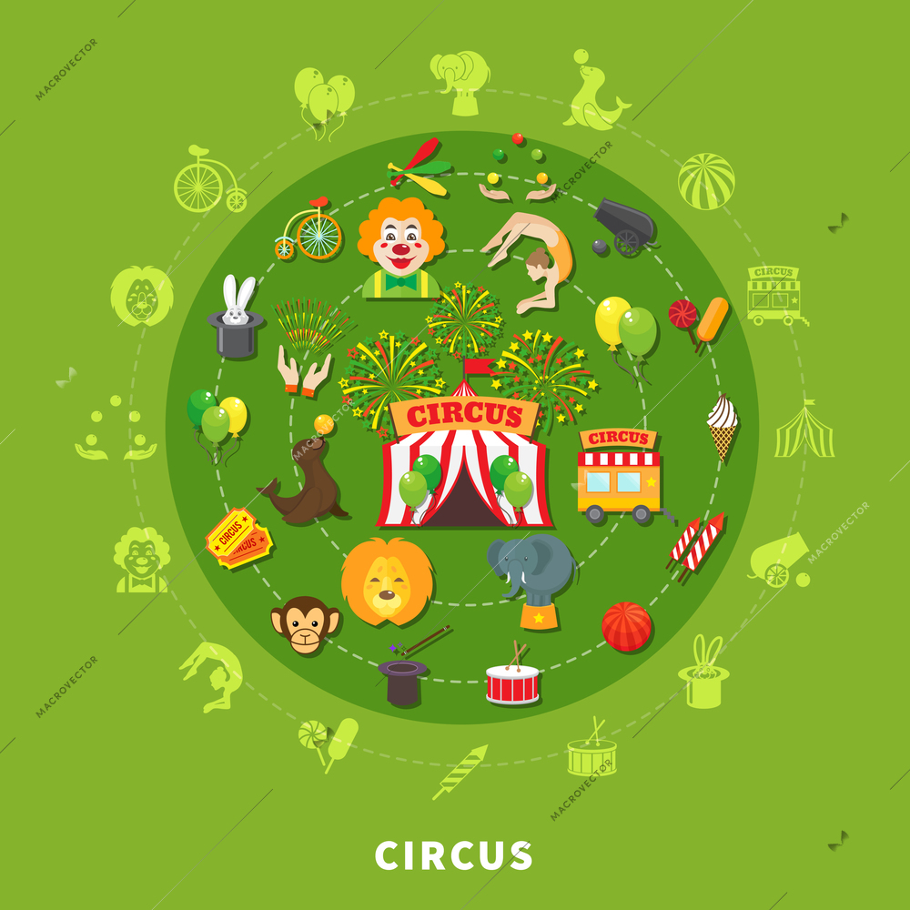 Circus concept with entertainment symbols in circle vector illustration