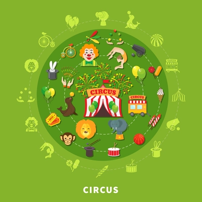 Circus concept with entertainment symbols in circle vector illustration