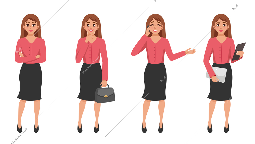 Cartoon woman character in various poses business lady images set with arms folded across her chest vector illustration