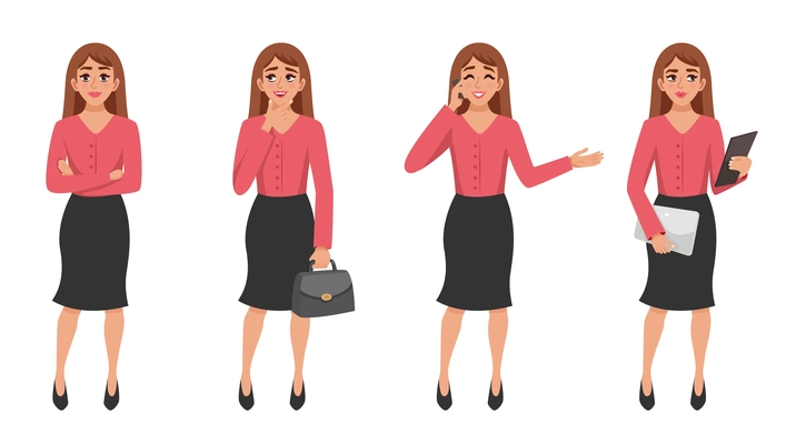 Cartoon woman character in various poses business lady images set with arms folded across her chest vector illustration