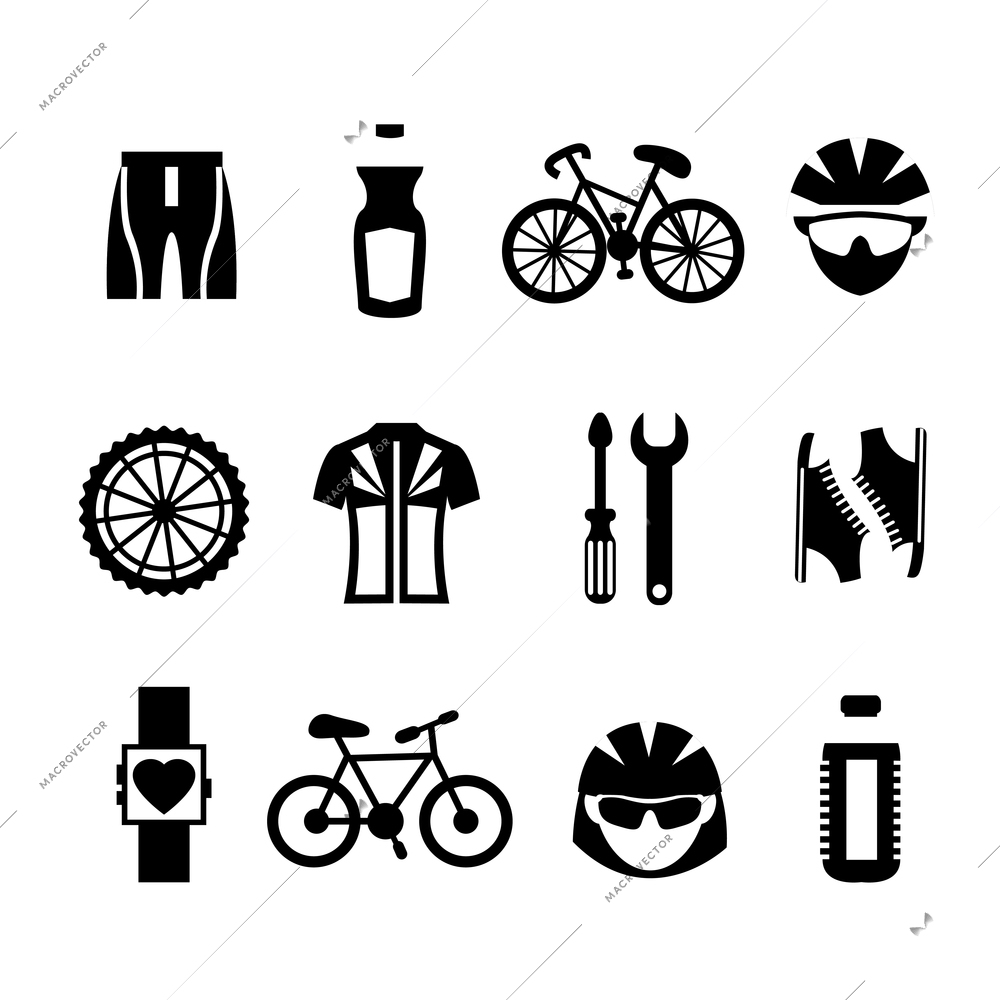 Bicycle sport fitness black and white icons set with clothes bottle helmet cyclist isolated vector illustration