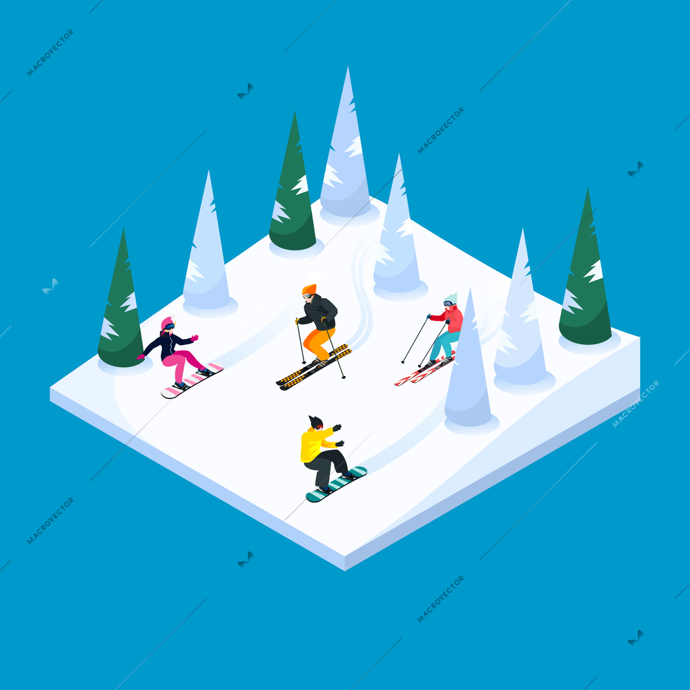 Skiing hill square isometric scenery element with colorful skiers and snowboarders figures snow terrain and trees vector illustration