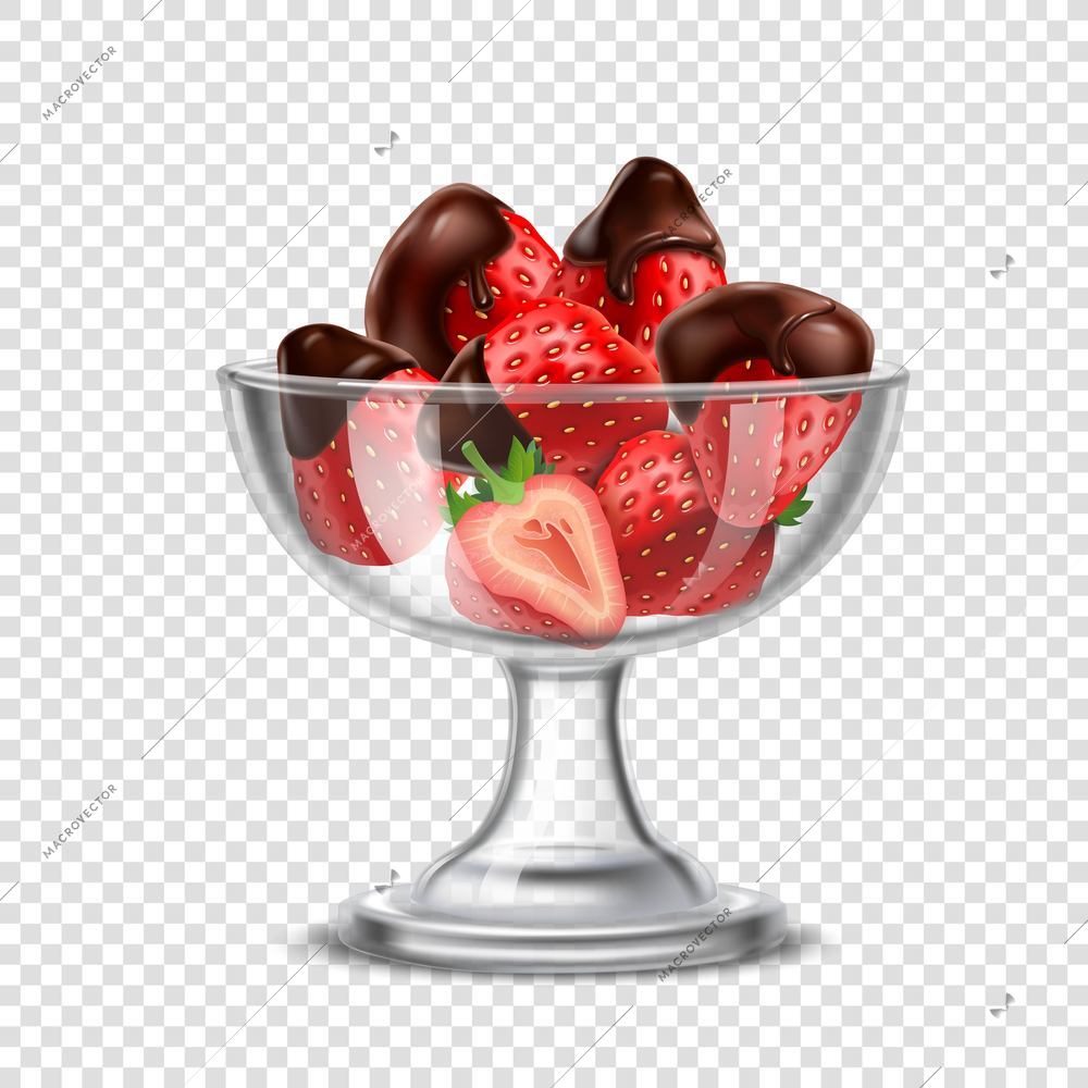 Colored realistic strawberry in chocolate composition with berries in a crystal glass vector illustration