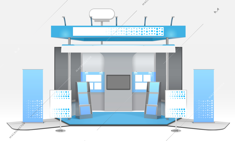 Exhibition advertising stand design with realistic tridimensional stall tv set and exhibit rack with promotional materials vector illustration