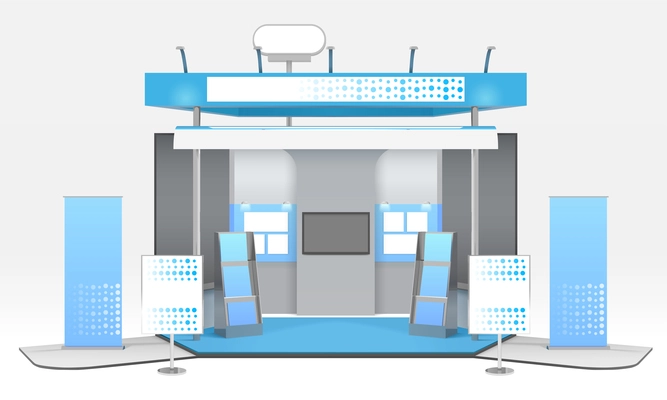 Exhibition advertising stand design with realistic tridimensional stall tv set and exhibit rack with promotional materials vector illustration