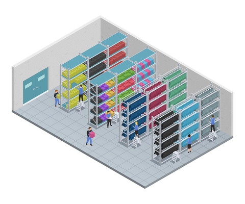 Colored clothes sewing isometric composition with people who work at a factory vector illustration