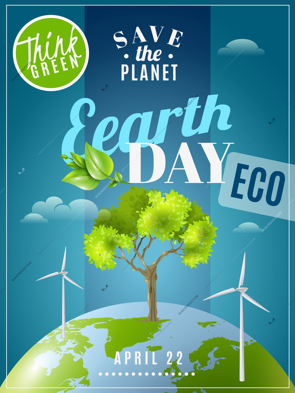 Save planet earth day announcement environmental awareness advertisement eco poster with green energy sources colorful vector illustration