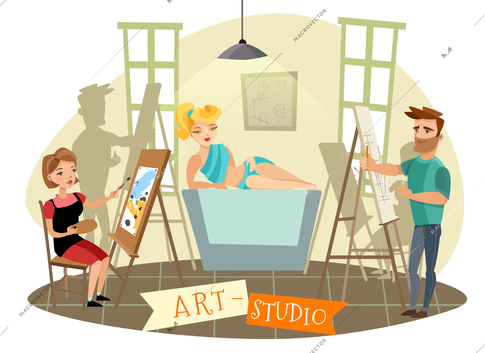 Art studio creative process with sexy blond model posing and visual artists at easel cartoon vector illustration