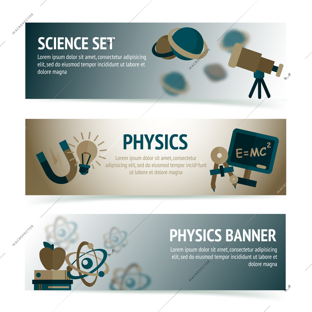 Physics science equipment school laboratory banners set isolated vector illustration