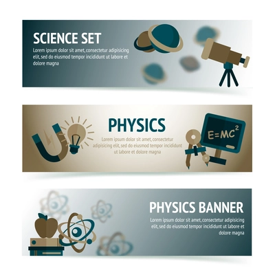 Physics science equipment school laboratory banners set isolated vector illustration
