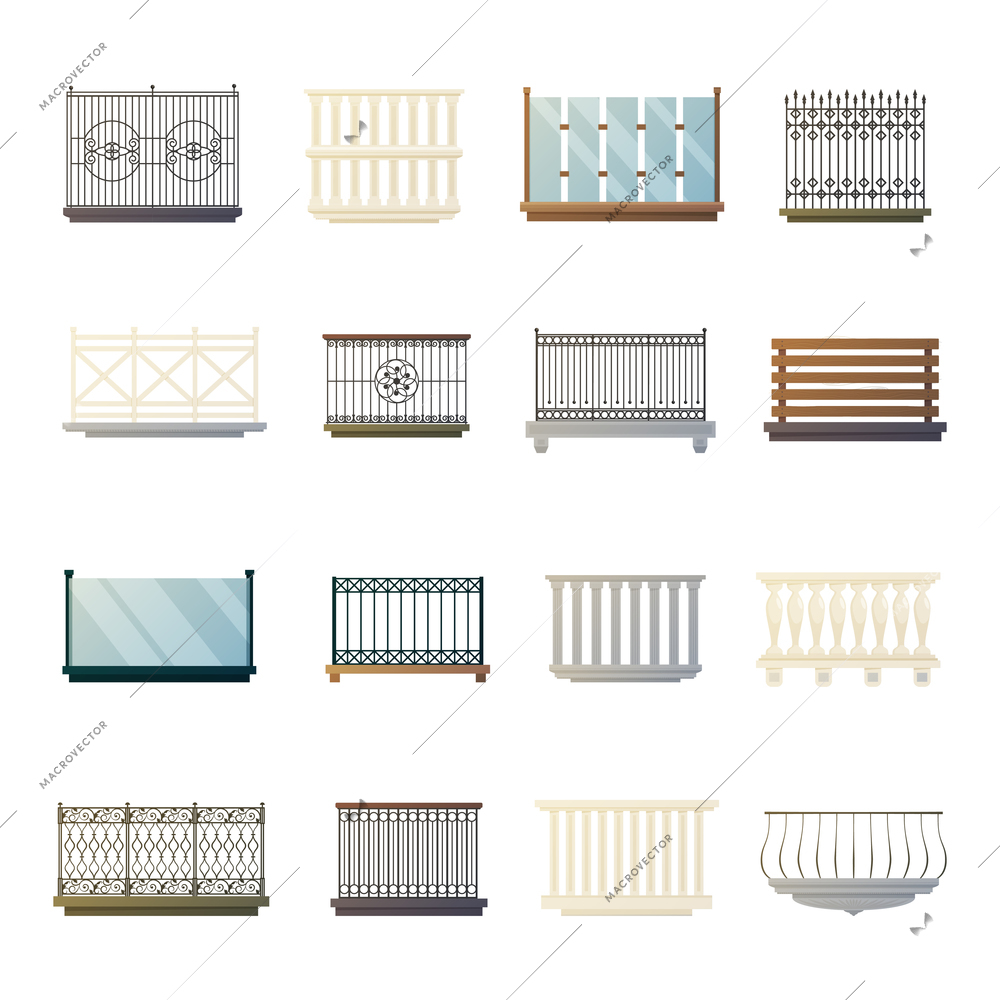 Steel iron glass and wood bacony railing home decorations design ideas flat icons collection isolated vector illustration