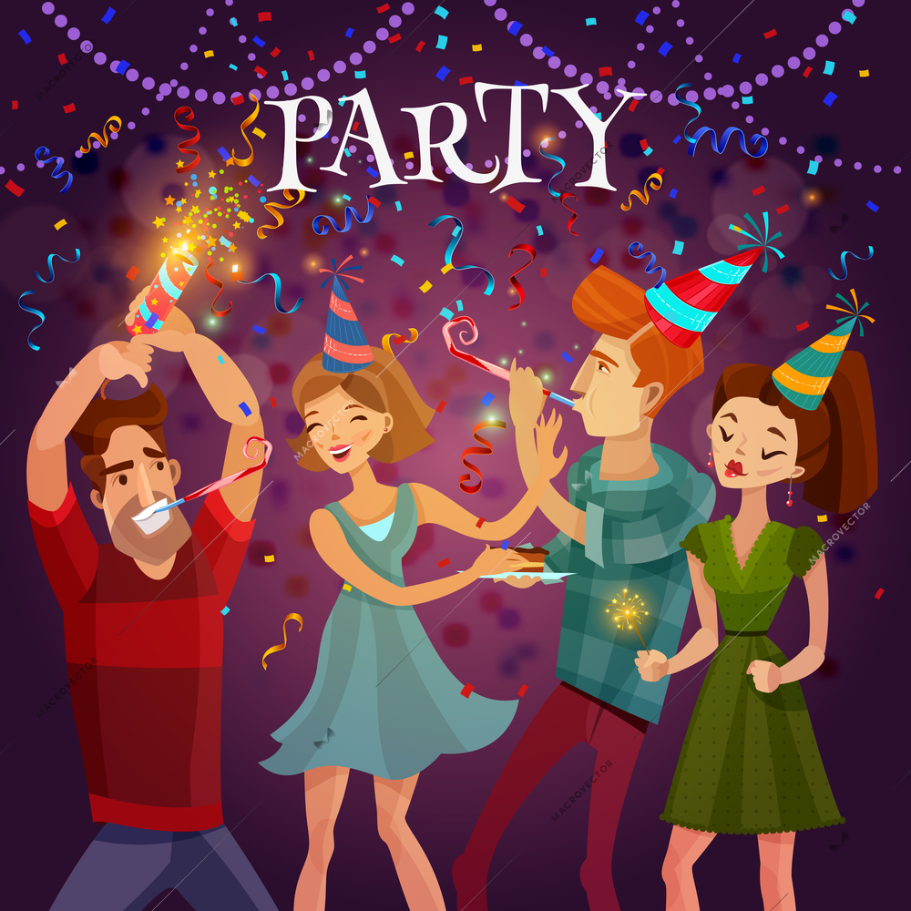 Birthday party evening celebration in disco cafe with bengal lights and confetti festive bright colorful background vector illustration