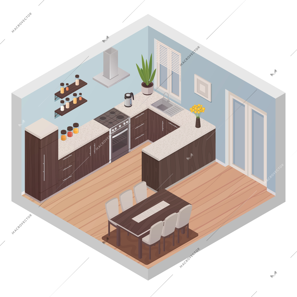 Modern kitchen interior isometric design concept with cooking zone and dining zone for six persons flat vector illustration