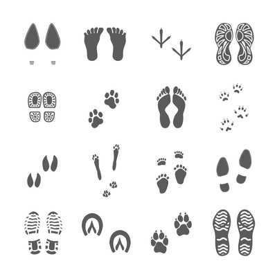 Human footwear and soles imprints birds feet and animal paws black prints collection white background vector illustration