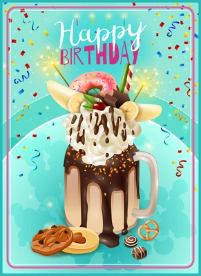 Extreme freakshake festive dessert birthday party invitation card poster with rich chocolade cake milkshake topping vector illustration