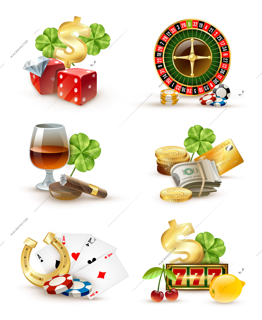 Casino luck symbols and games attributes 6 icons set  with roulette wheel aces poker chips isolated vector illustration