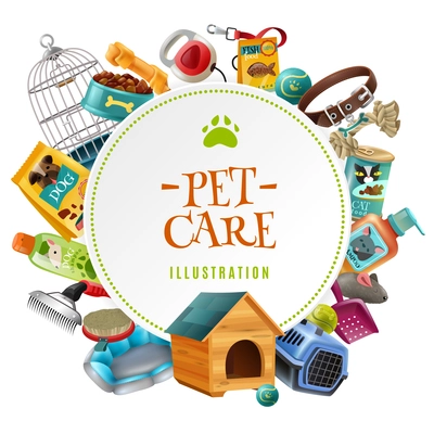 Pet care supply accessories and products decorative round frame composition with kennel doghouse and birdcage vector illustration