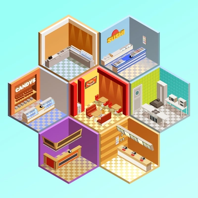 Food court composition with seven isometric cafe restaurant room interiors in tesselar pattern candys sushi bar vector illustration